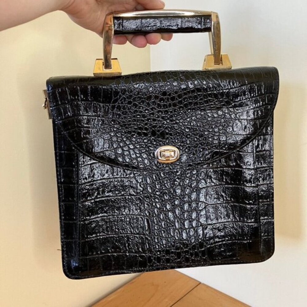 Black Embossed Patent Leather Handbag Vintage 60s Top Handle Reptile Look Purse